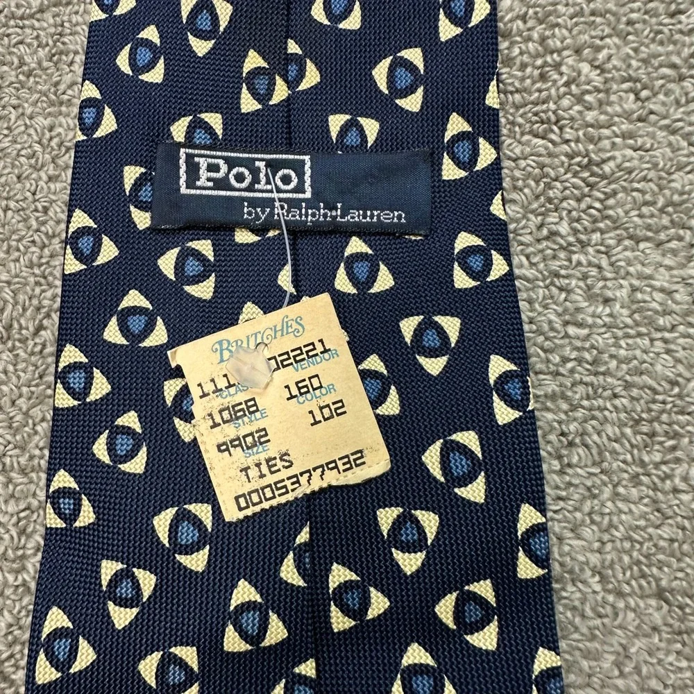 NWT Polo Ralph Lauren Silk Tie Navy Blue Geometric Eye Pattern Vintage USA Made